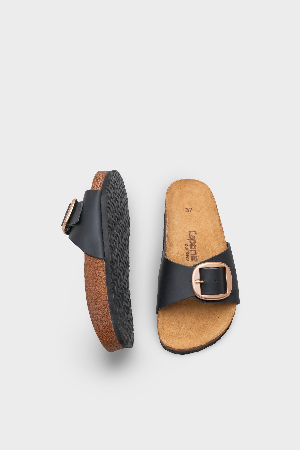 Lee Büyük Tokalı Anatomik Mantar Tabanlı Deri Terlik