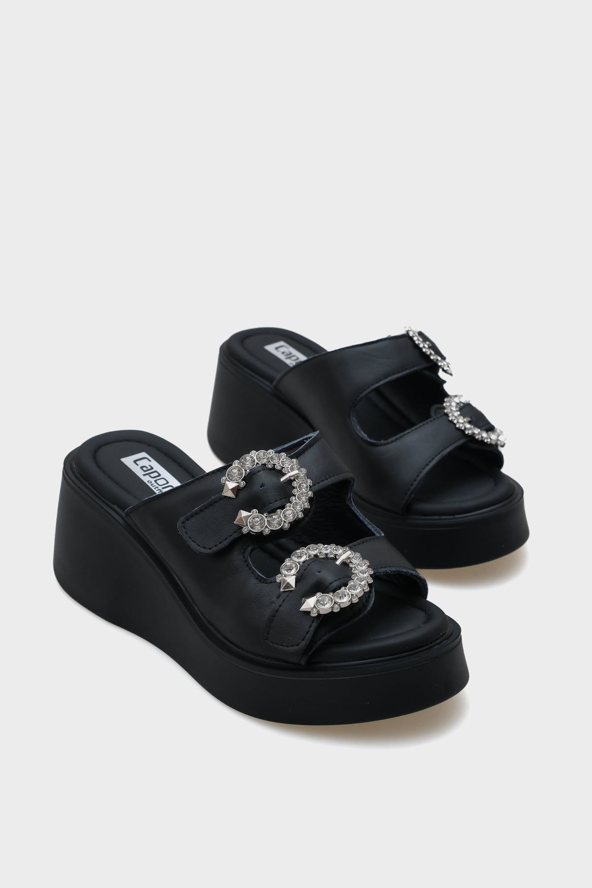 Charm Hakiki Deri Dolgu Topuklu Taşlı Çift Bantlı Konfor Kadın Terlik