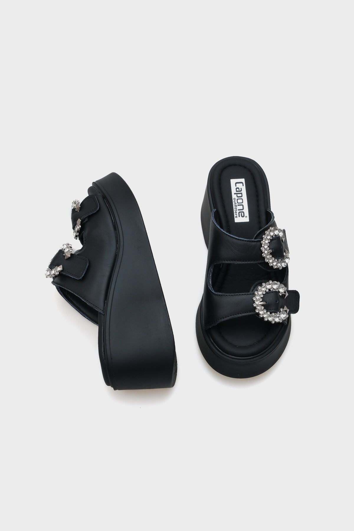 Charm Hakiki Deri Dolgu Topuklu Taşlı Çift Bantlı Konfor Kadın Terlik