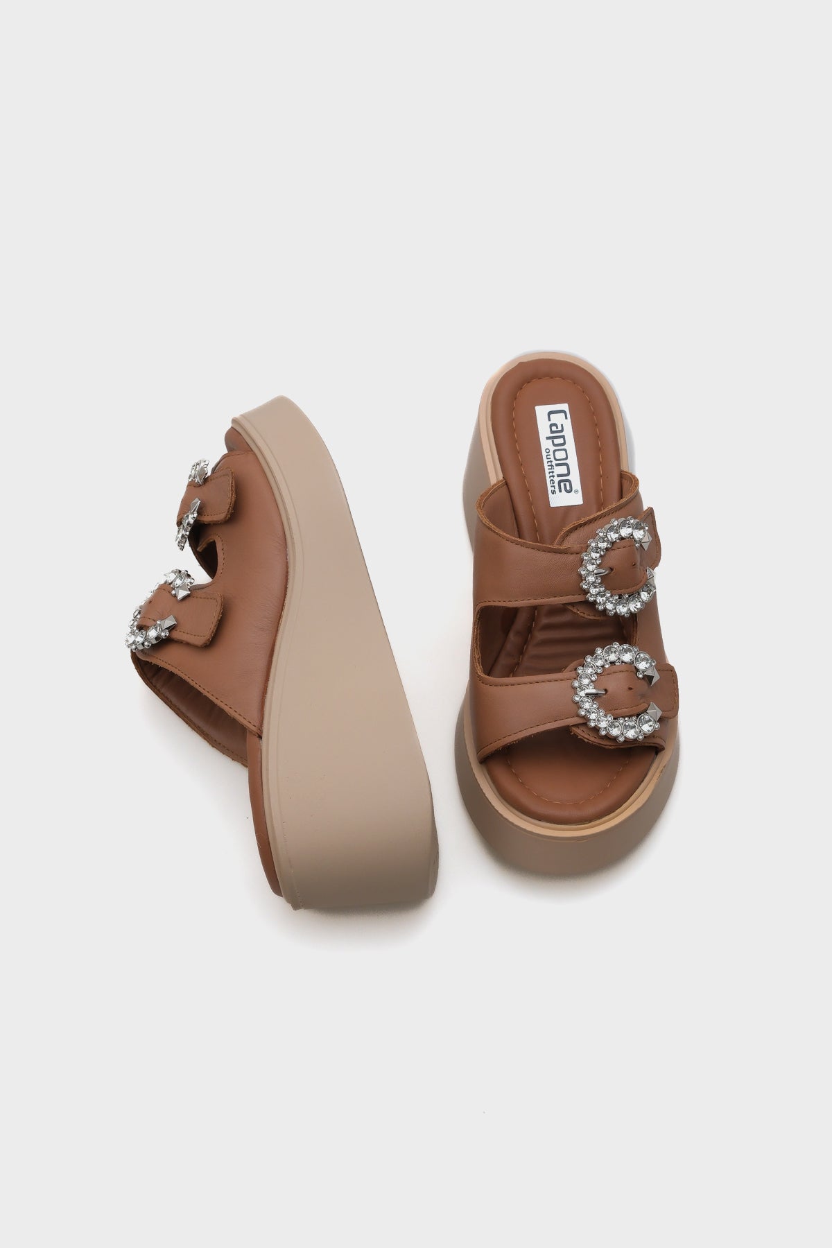 Charm Hakiki Deri Dolgu Topuklu Taşlı Çift Bantlı Konfor Kadın Terlik