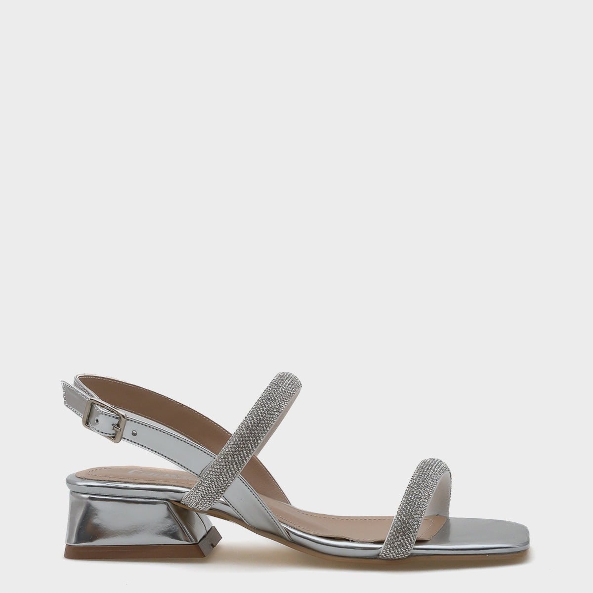 Coral Küt Burunlu Taşlı Çift Kalın Bantlı Kısa Topuklu Ayna Kumaş Kadın Sandalet