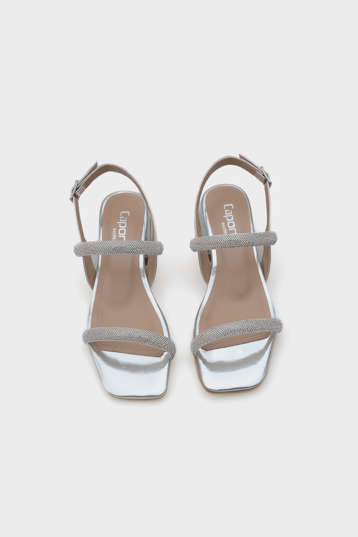 Coral Küt Burunlu Taşlı Çift Kalın Bantlı Kısa Topuklu Ayna Kumaş Kadın Sandalet