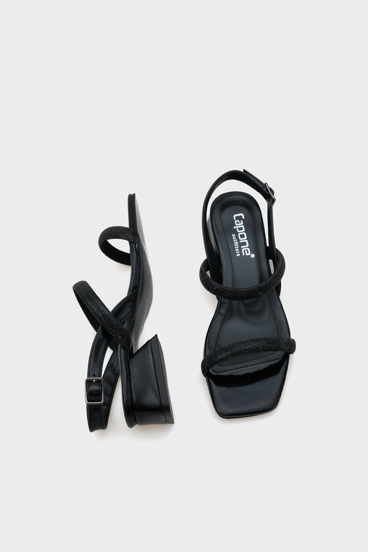 Coral Küt Burunlu Taşlı Çift Kalın Bantlı Kısa Topuklu Rugan Kadın Sandalet