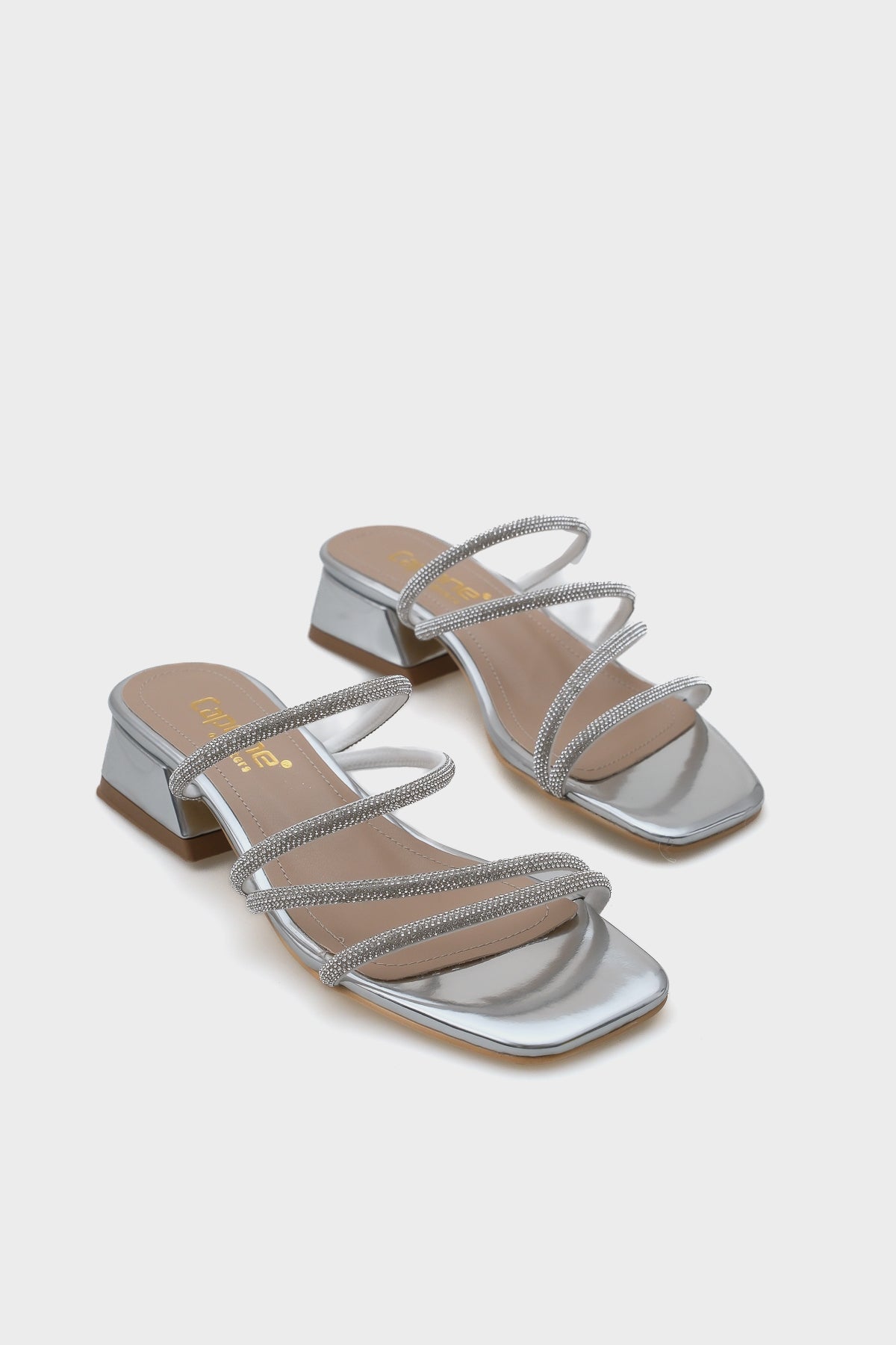 Lindsy Küt Burunlu Taşlı Bantlı Kısa Topuklu Ayna Kumaş Kadın Terlik