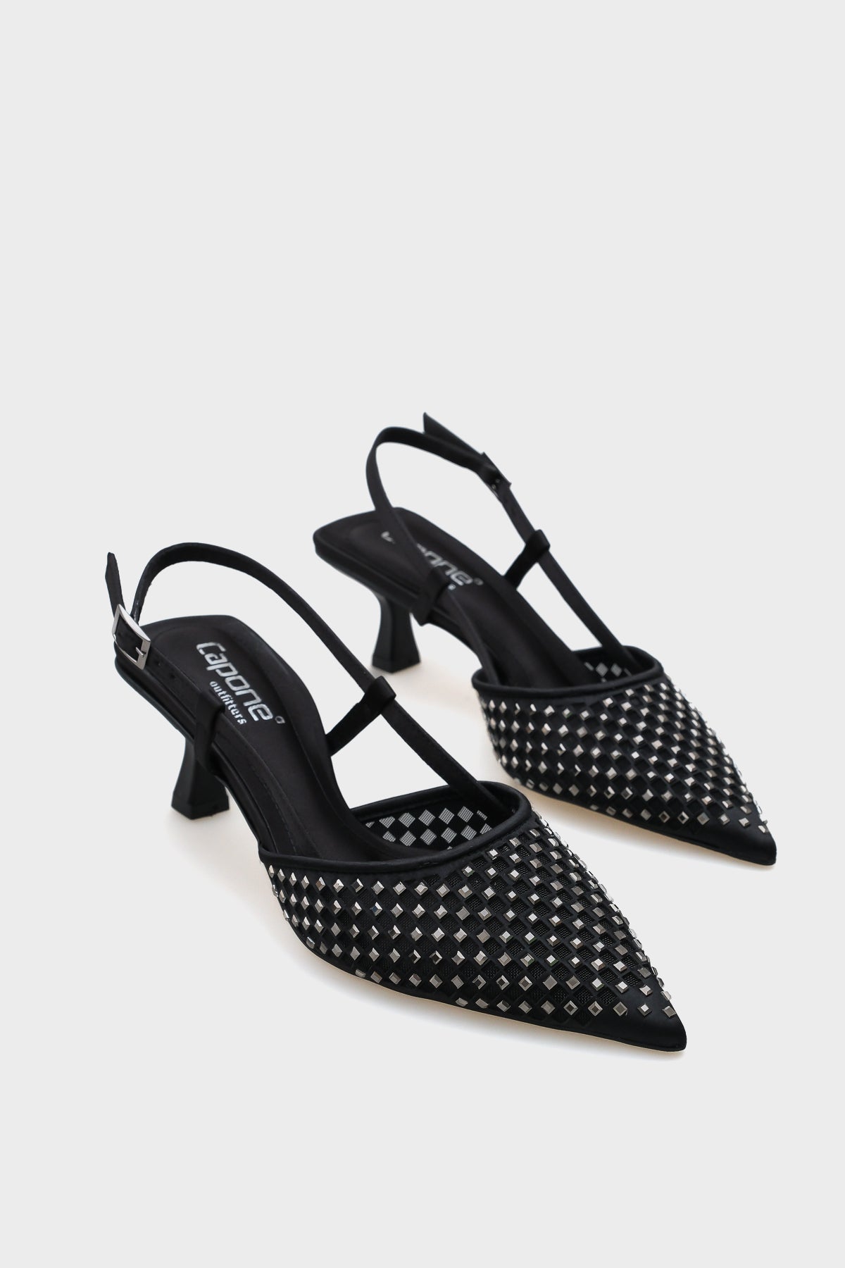 Olga Saten Taşlı Orta Topuklu Sivri Burunlu Arkası Açık Kadın Ayakkabı