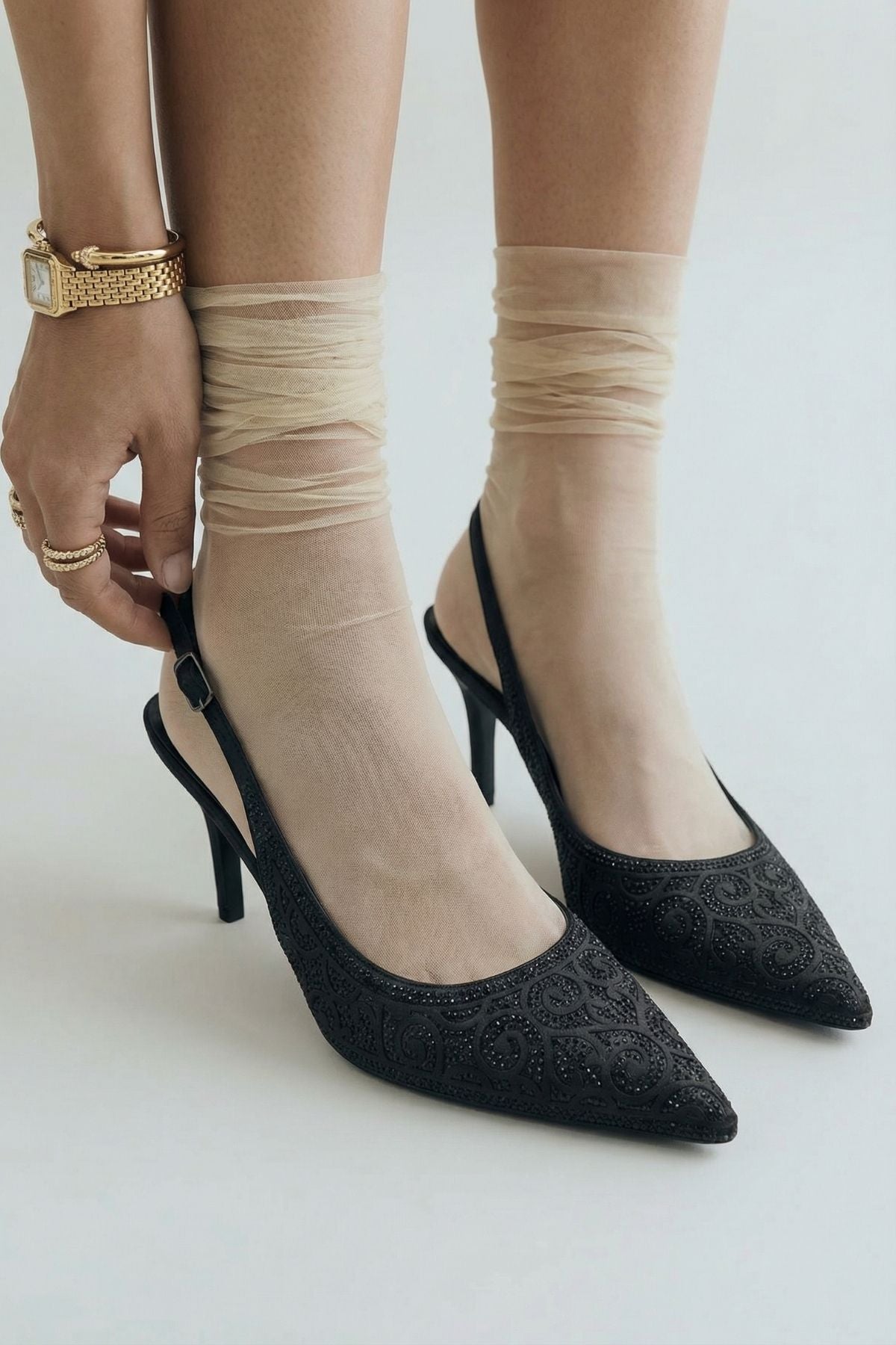 Melony Orta Topuklu Taşlı Arkası Açık Saten Kadın Ayakkabı