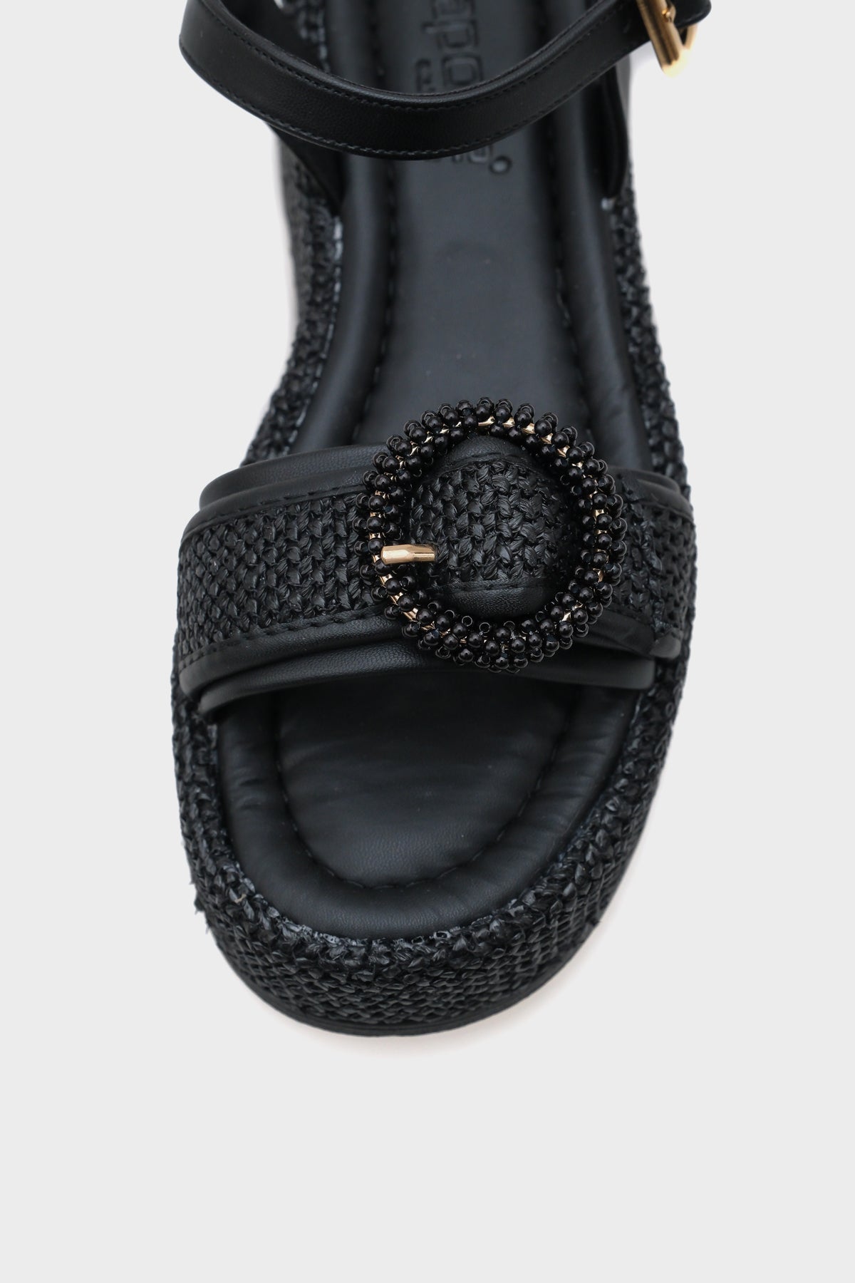 Vanda Ahşap Tek Tokalı Leoparlı Hasırlı Dolgu Topuklu Kadın Sandalet