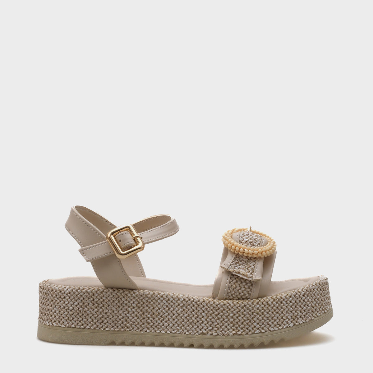 Vanda Ahşap Tek Tokalı Leoparlı Hasırlı Dolgu Topuklu Kadın Sandalet