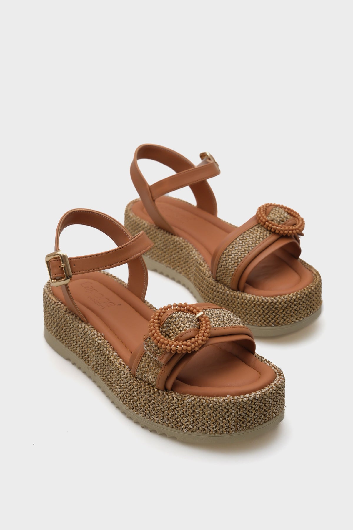 Vanda Ahşap Tek Tokalı Leoparlı Hasırlı Dolgu Topuklu Kadın Sandalet