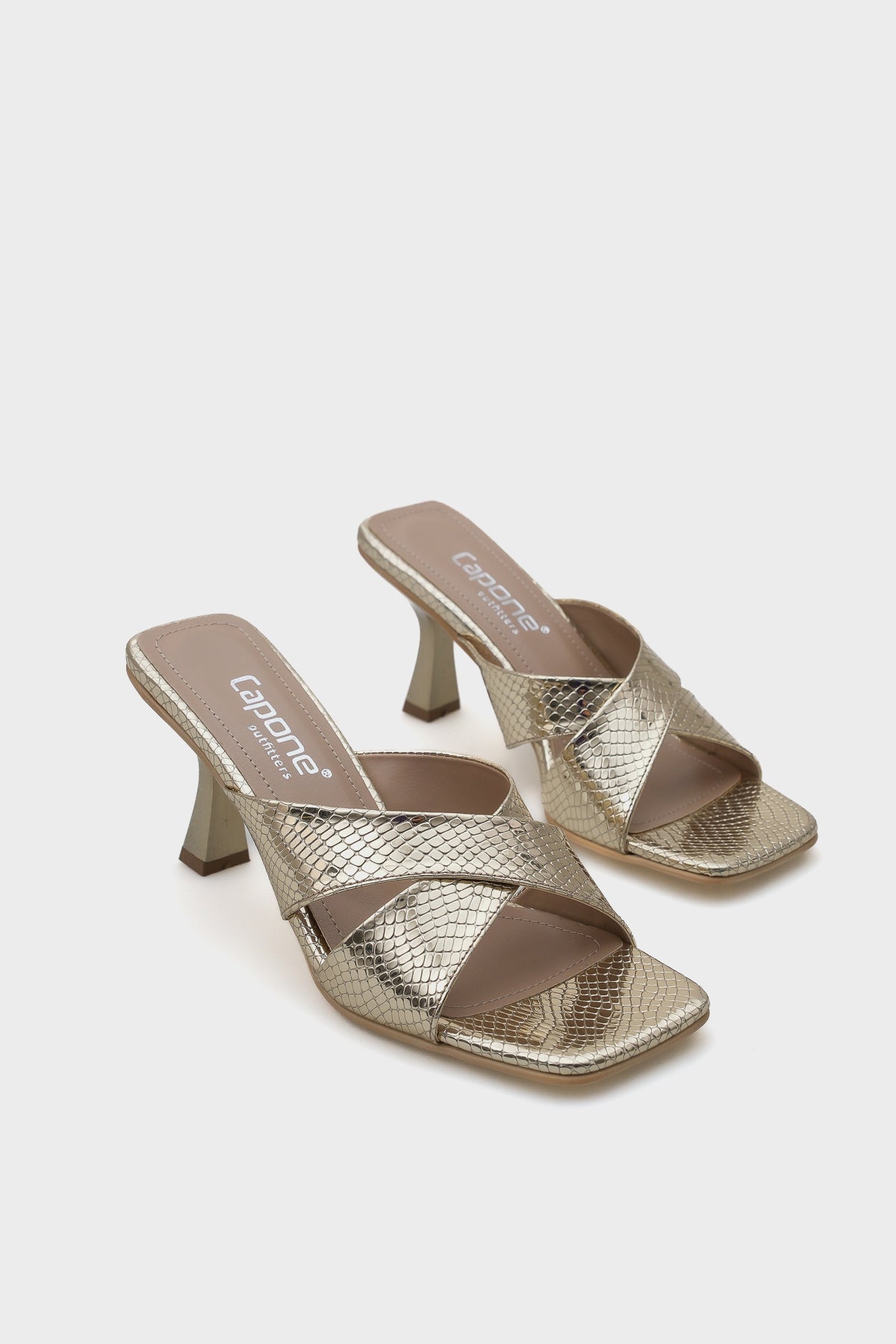 Mavis Küt Burunlu Yılan Desenli Çapraz Bantlı Orta Topuklu Metalik Kadın Terlik