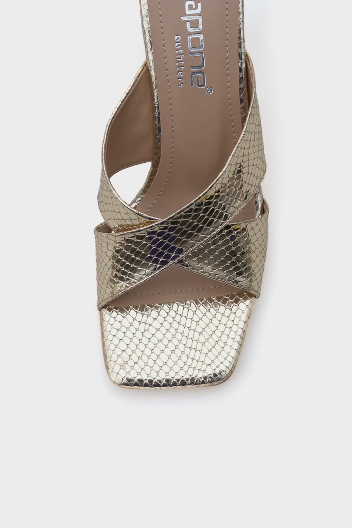 Mavis Küt Burunlu Yılan Desenli Çapraz Bantlı Orta Topuklu Metalik Kadın Terlik