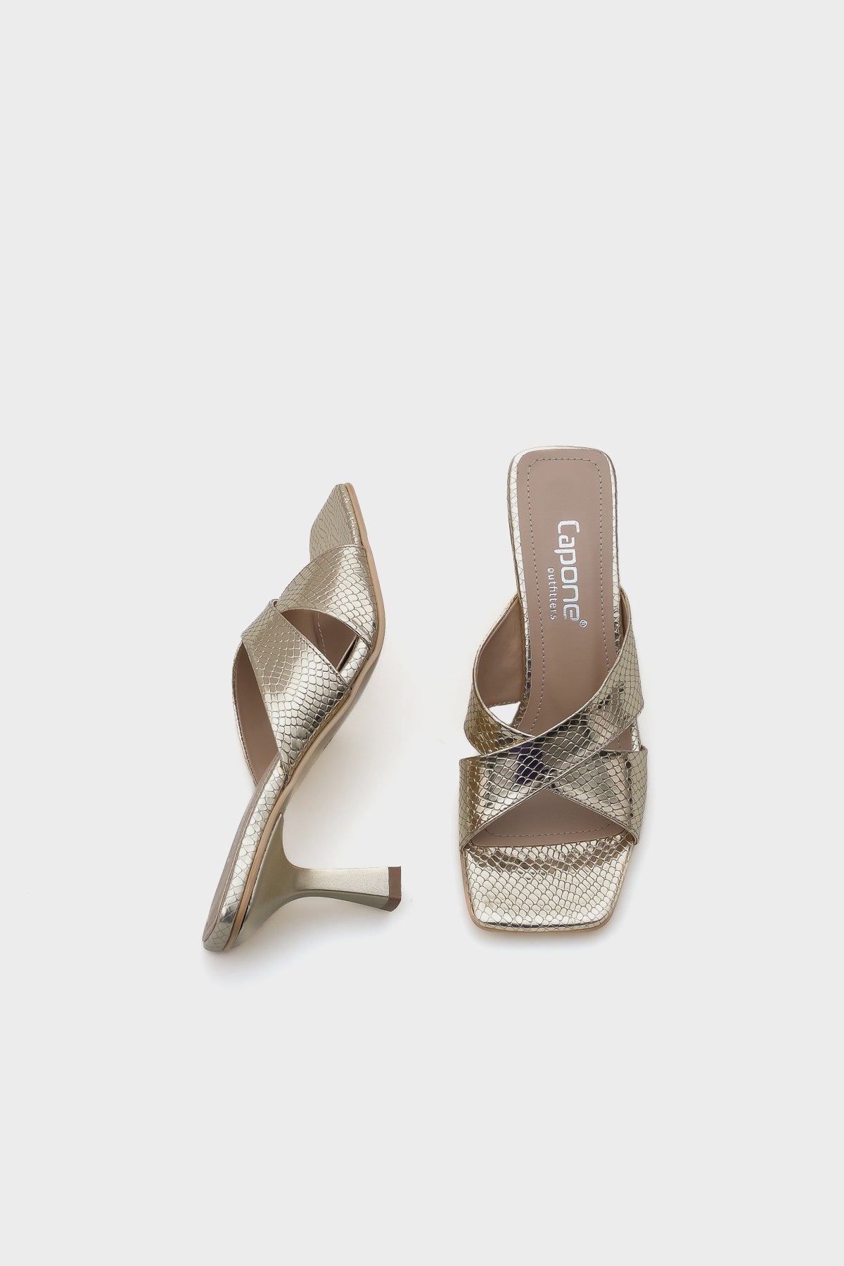 Mavis Küt Burunlu Yılan Desenli Çapraz Bantlı Orta Topuklu Metalik Kadın Terlik