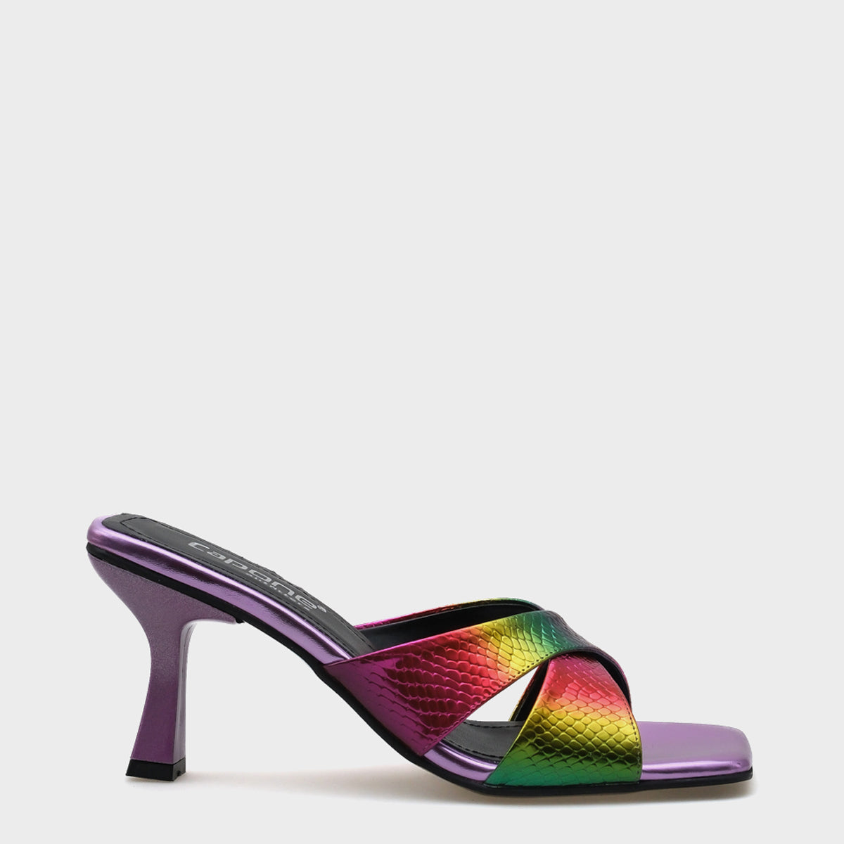 Mavis Küt Burunlu Yılan Desenli Çapraz Bantlı Orta Topuklu Metalik Kadın Terlik