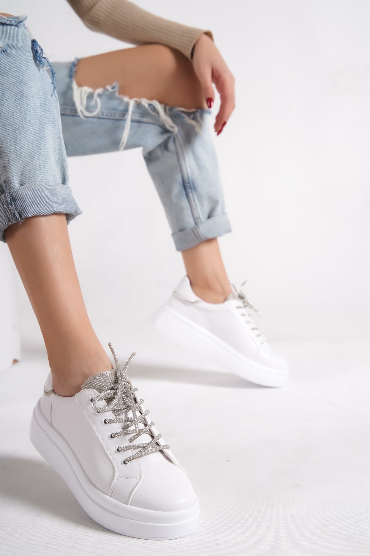 Taşlı Bağcıklı Kadın Sneaker Spor Ayakkabı