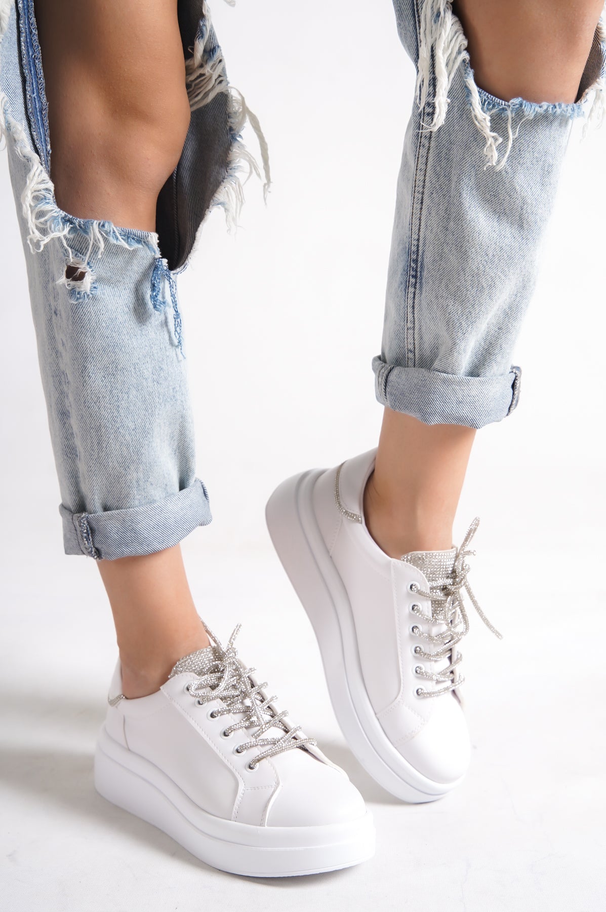 Taşlı Bağcıklı Kadın Sneaker Spor Ayakkabı