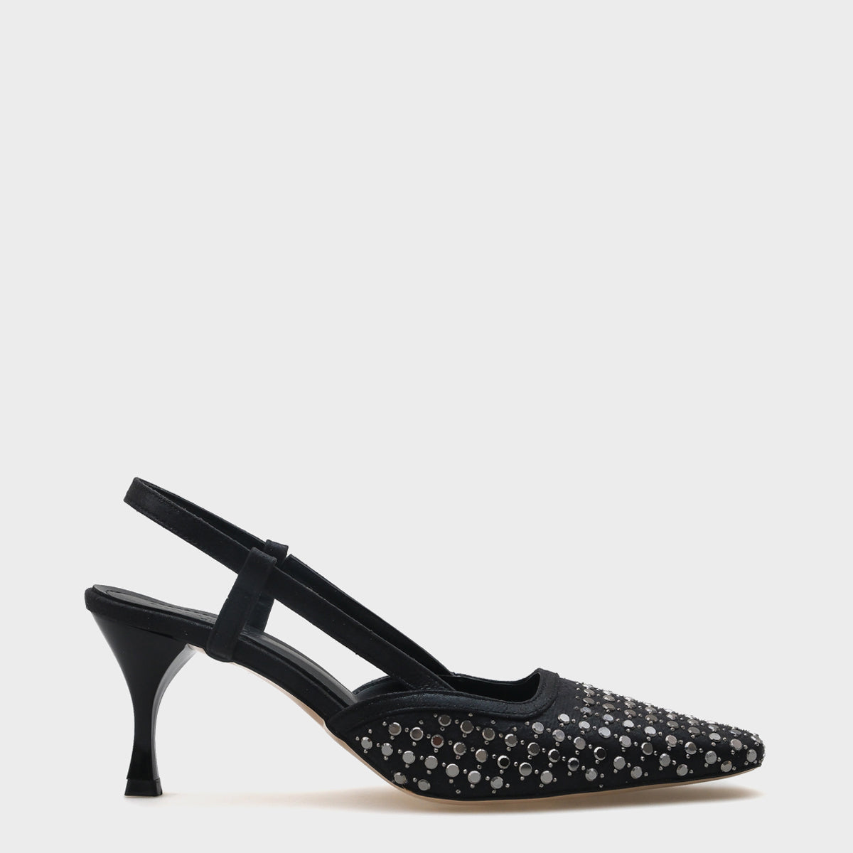 Sandi Arkası Açık Küt Burunlu Taşlı Orta Topuklu Kadın Ayakkabı