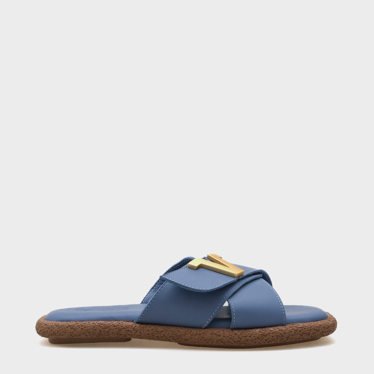 Kata Hakiki Deri Çapraz Bantlı V Tokalı Düz Topuklu Konfor Kadın Terlik