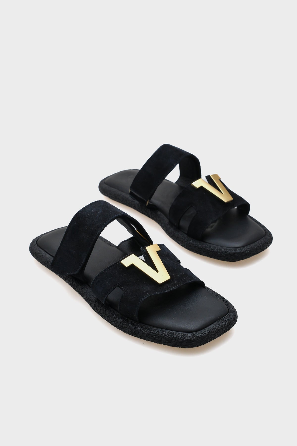 Lane Hakiki Deri V tokalı Çift Bantlı Kadın Konfor Terlik