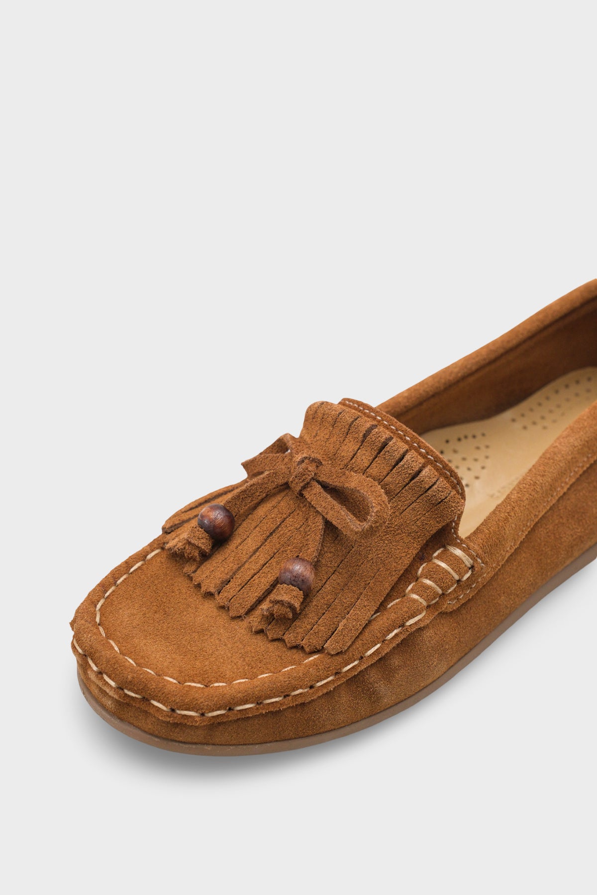 Almire Hakiki Deri Süet Boncuklu Püsküllü Konfor Kadın Loafer Ayakkabı