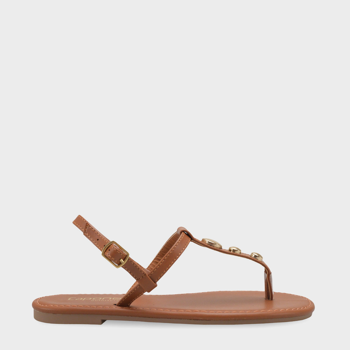 Celia Parmak Arası Düz Topuklu Metal Aksesuarlı Yıvarlak Burunlu Kadın Sandalet