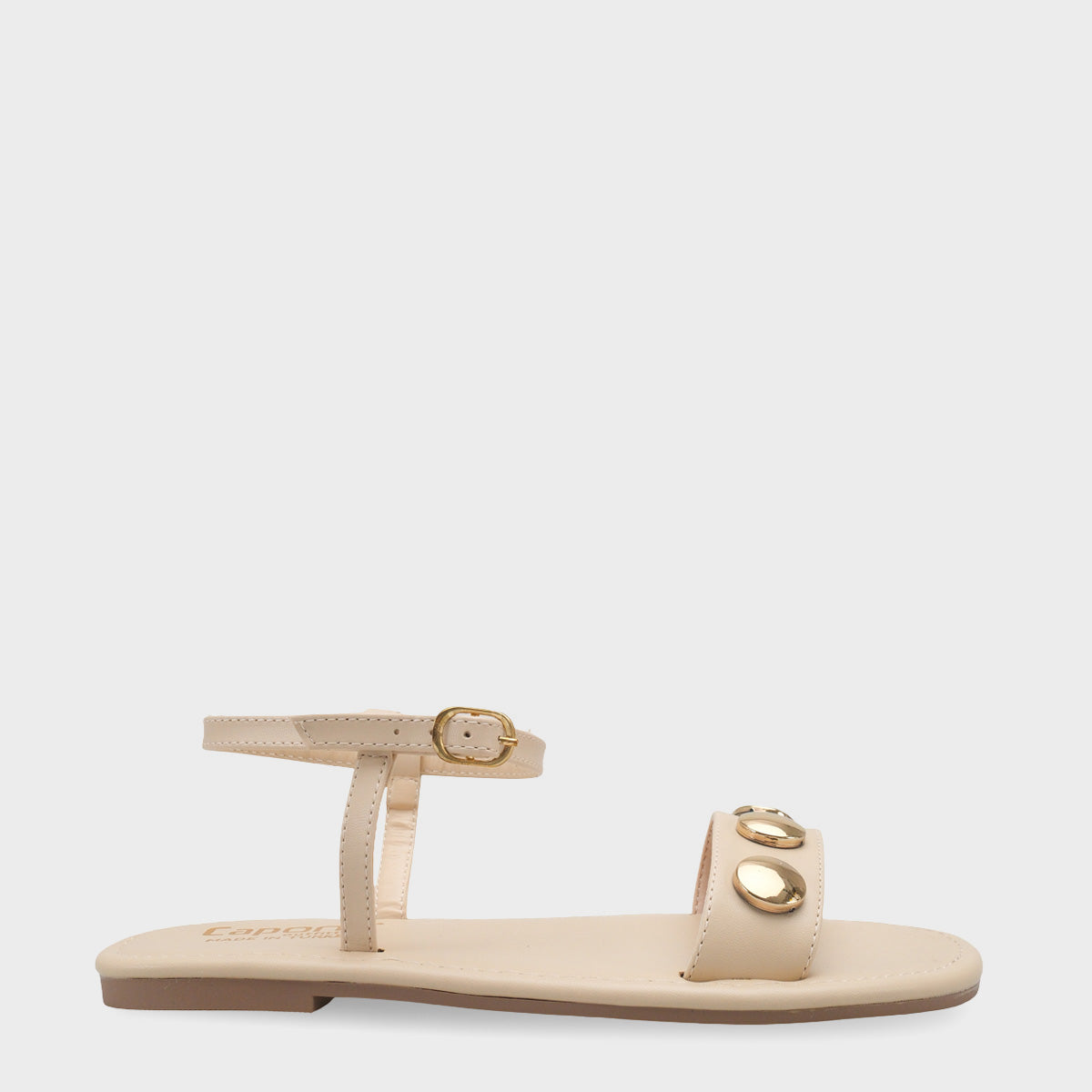 Celina Tek Bantlı Metal Aksesuarlı Bilekten Bantlı Düz Topuklu Yuvarlak Burunlu Kadın Sandalet