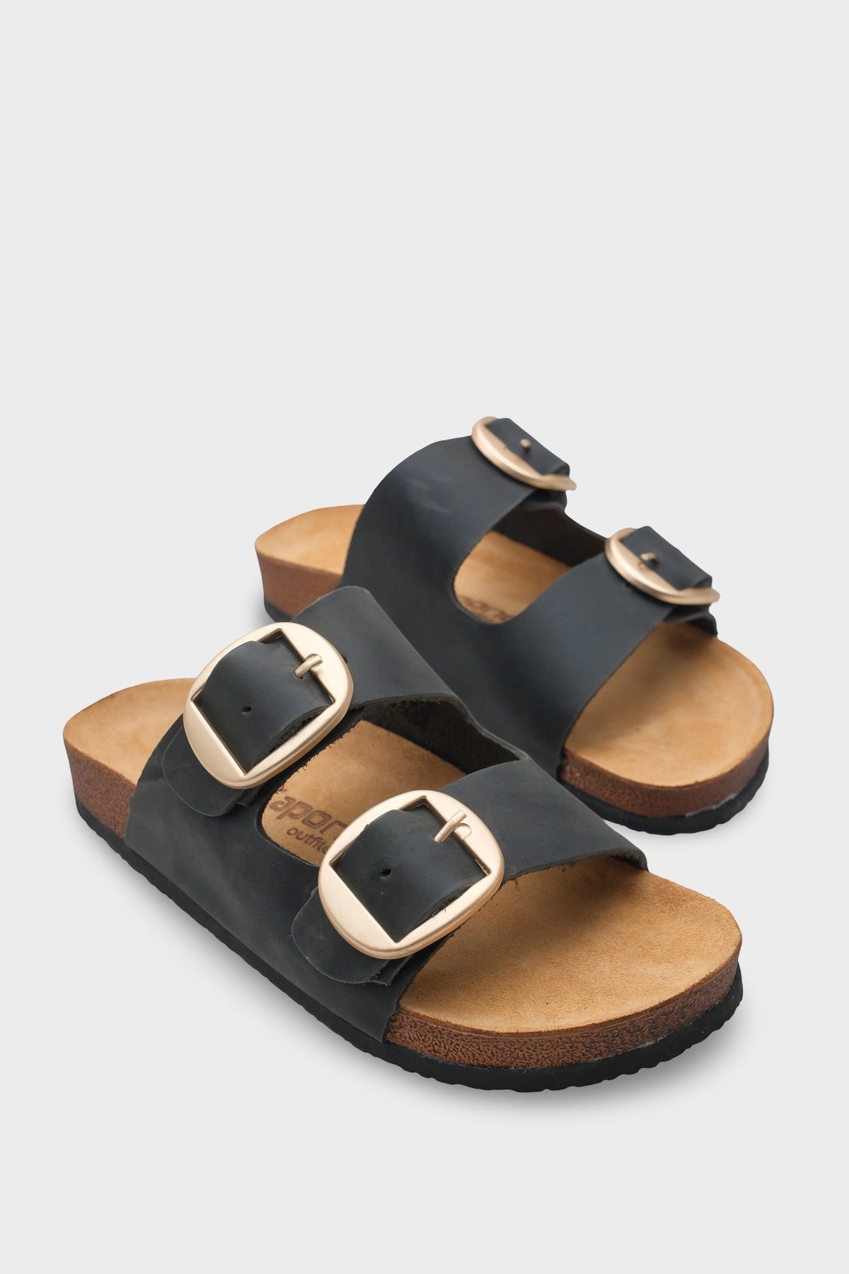 Cathie İki Büyük Tokalı Anatomik Mantar Tabanlı Deri Terlik