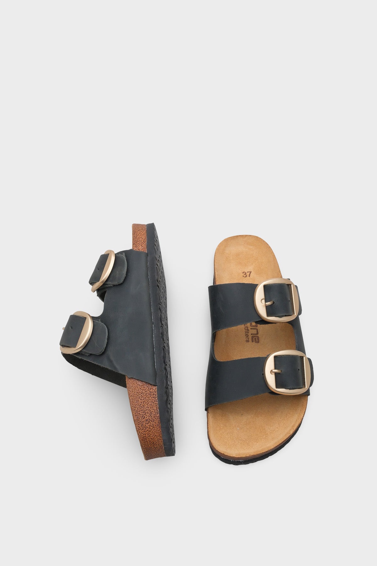 Cathie İki Büyük Tokalı Anatomik Mantar Tabanlı Deri Terlik