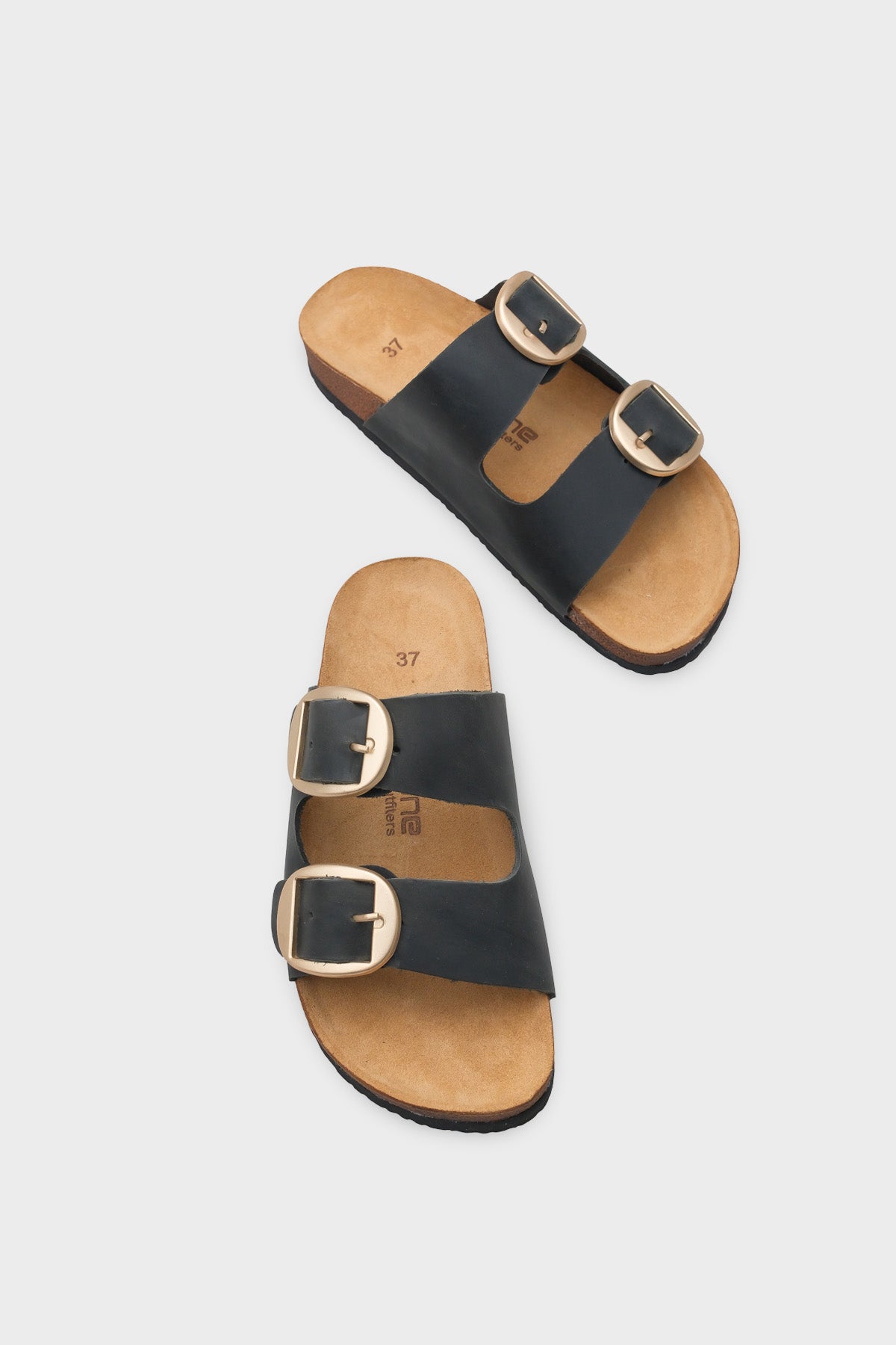 Cathie İki Büyük Tokalı Anatomik Mantar Tabanlı Deri Terlik