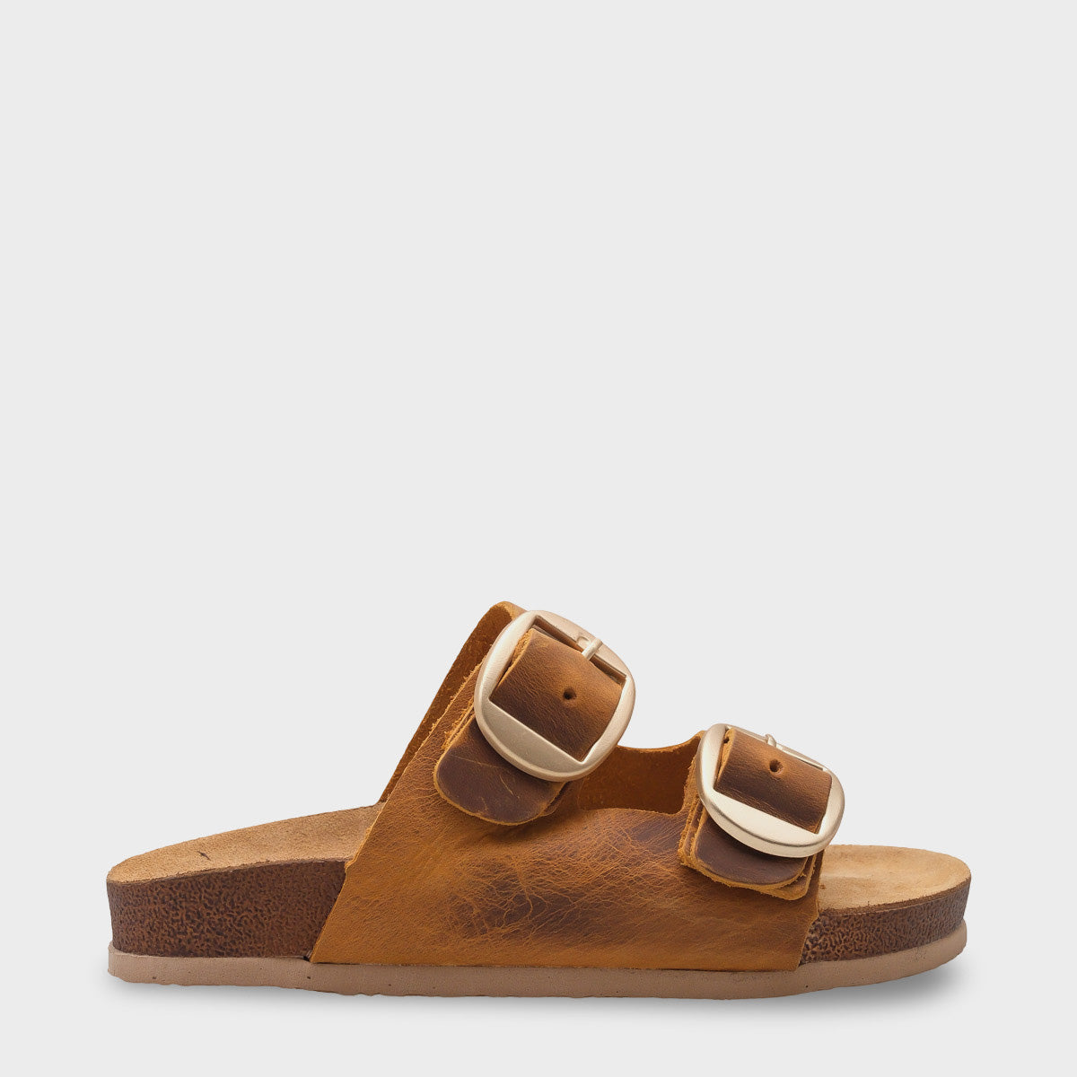 Cathie İki Büyük Tokalı Anatomik Mantar Tabanlı Deri Terlik