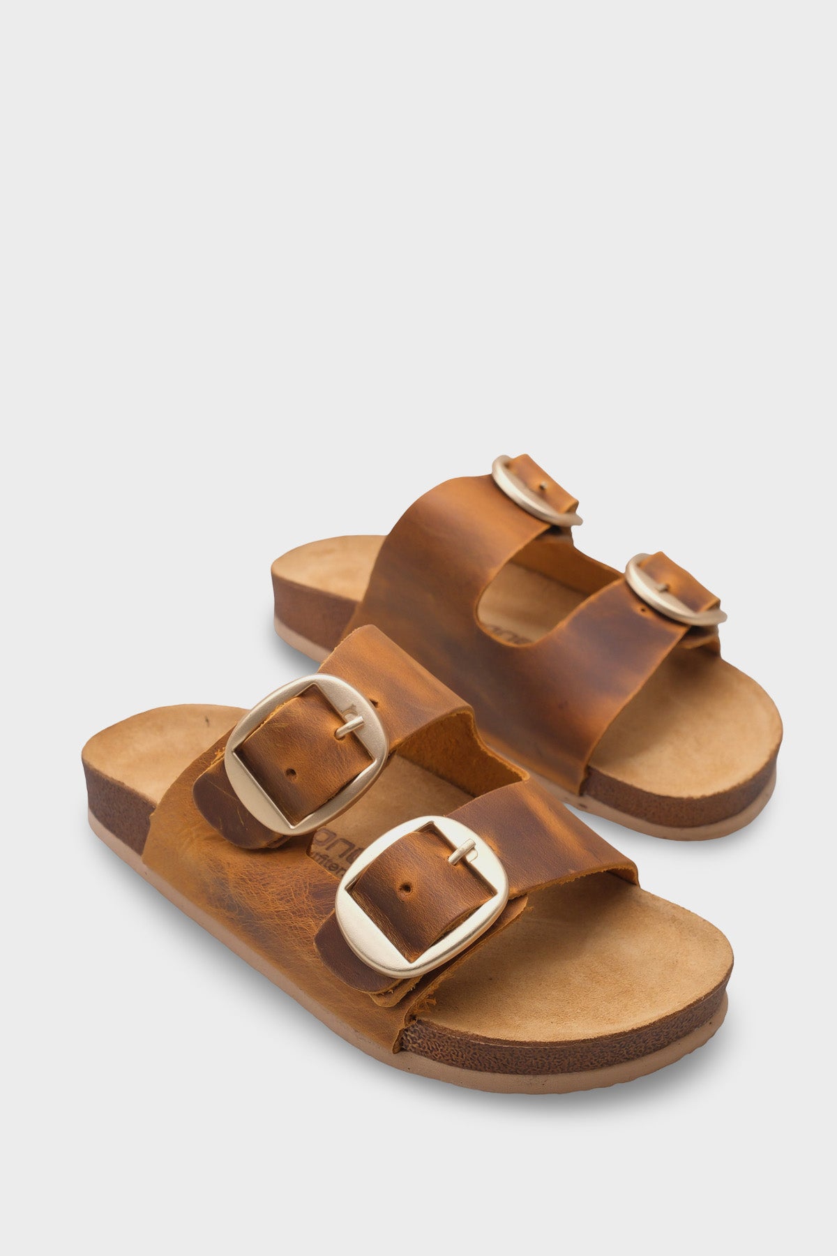 Cathie İki Büyük Tokalı Anatomik Mantar Tabanlı Deri Terlik