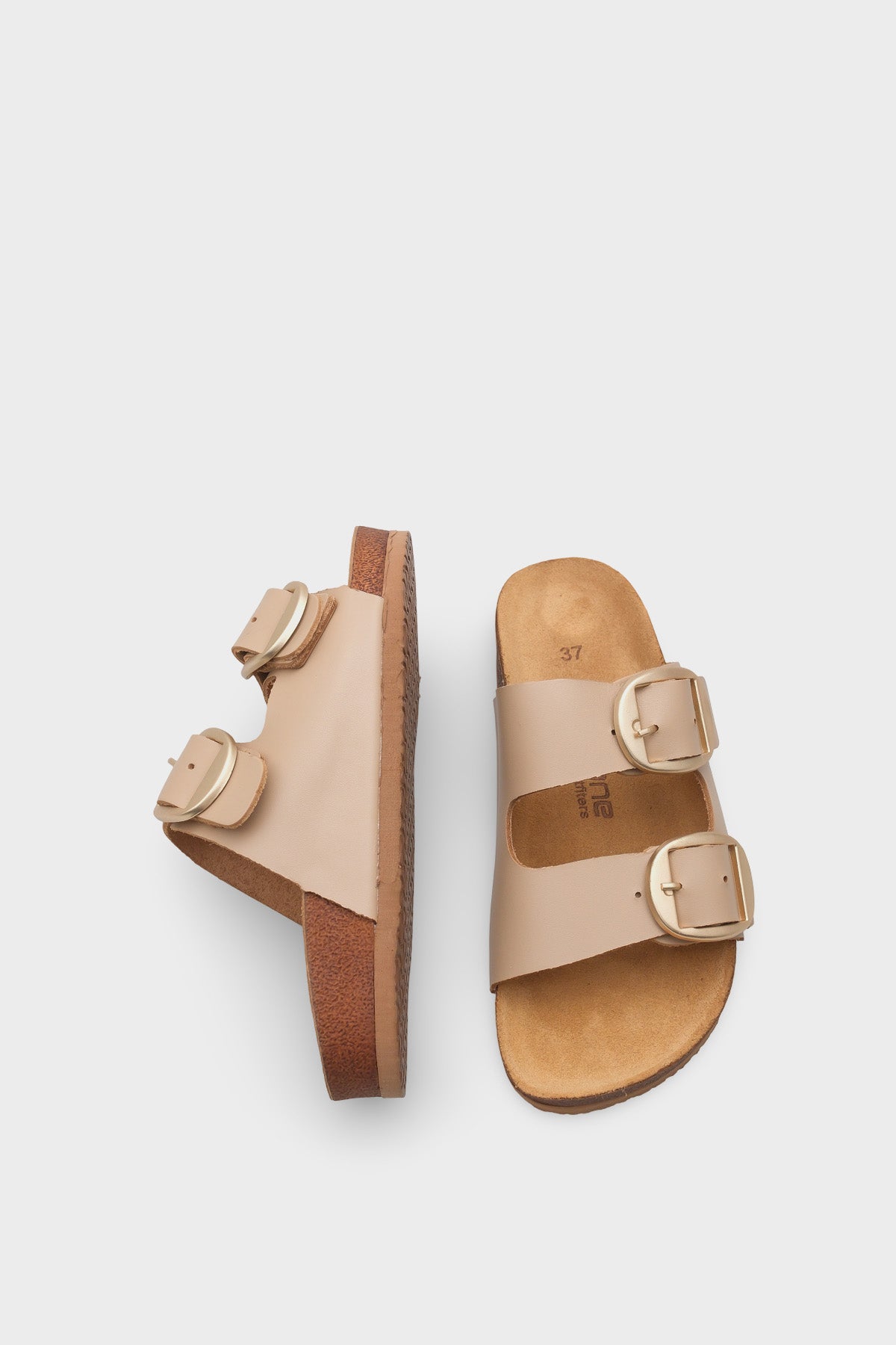 Cathie İki Büyük Tokalı Anatomik Mantar Tabanlı Deri Terlik