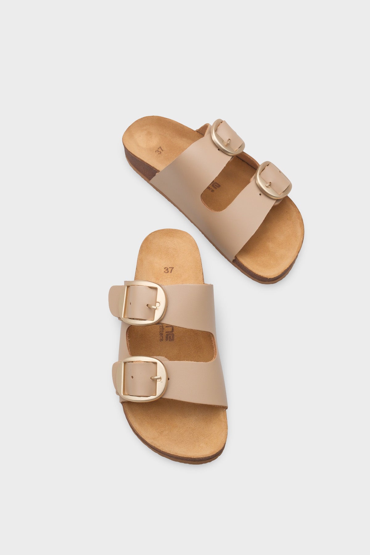 Cathie İki Büyük Tokalı Anatomik Mantar Tabanlı Deri Terlik