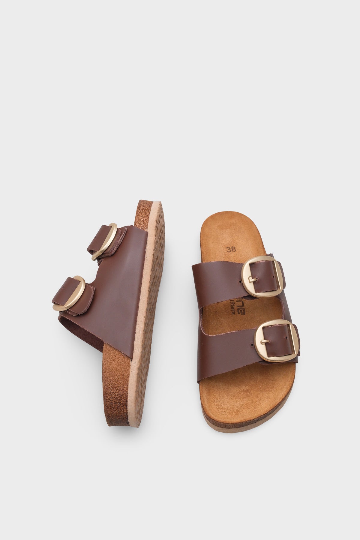 Cathie İki Büyük Tokalı Anatomik Mantar Tabanlı Deri Terlik