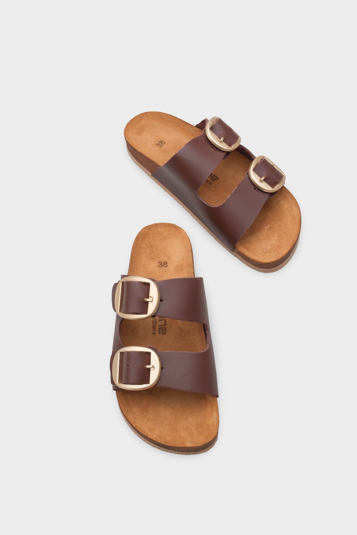 Cathie İki Büyük Tokalı Anatomik Mantar Tabanlı Deri Terlik