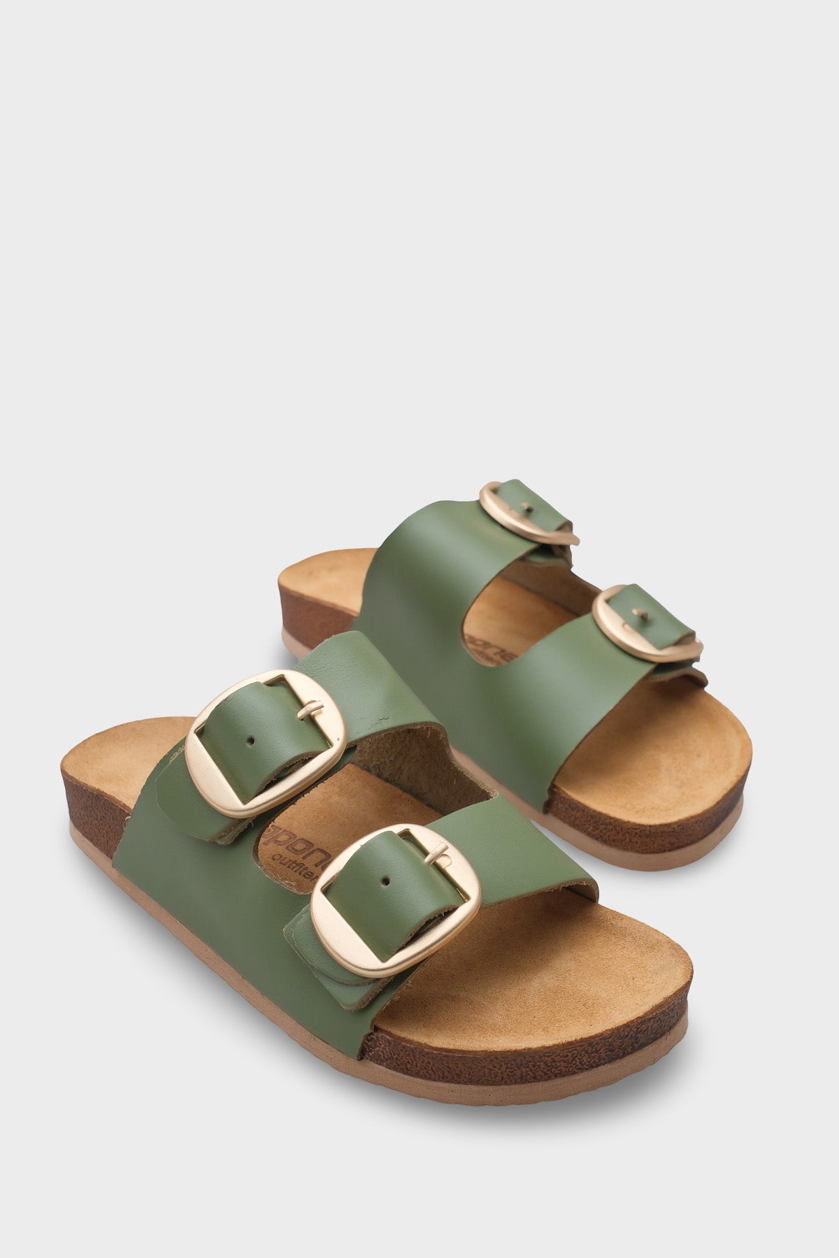 Cathie İki Büyük Tokalı Anatomik Mantar Tabanlı Deri Terlik