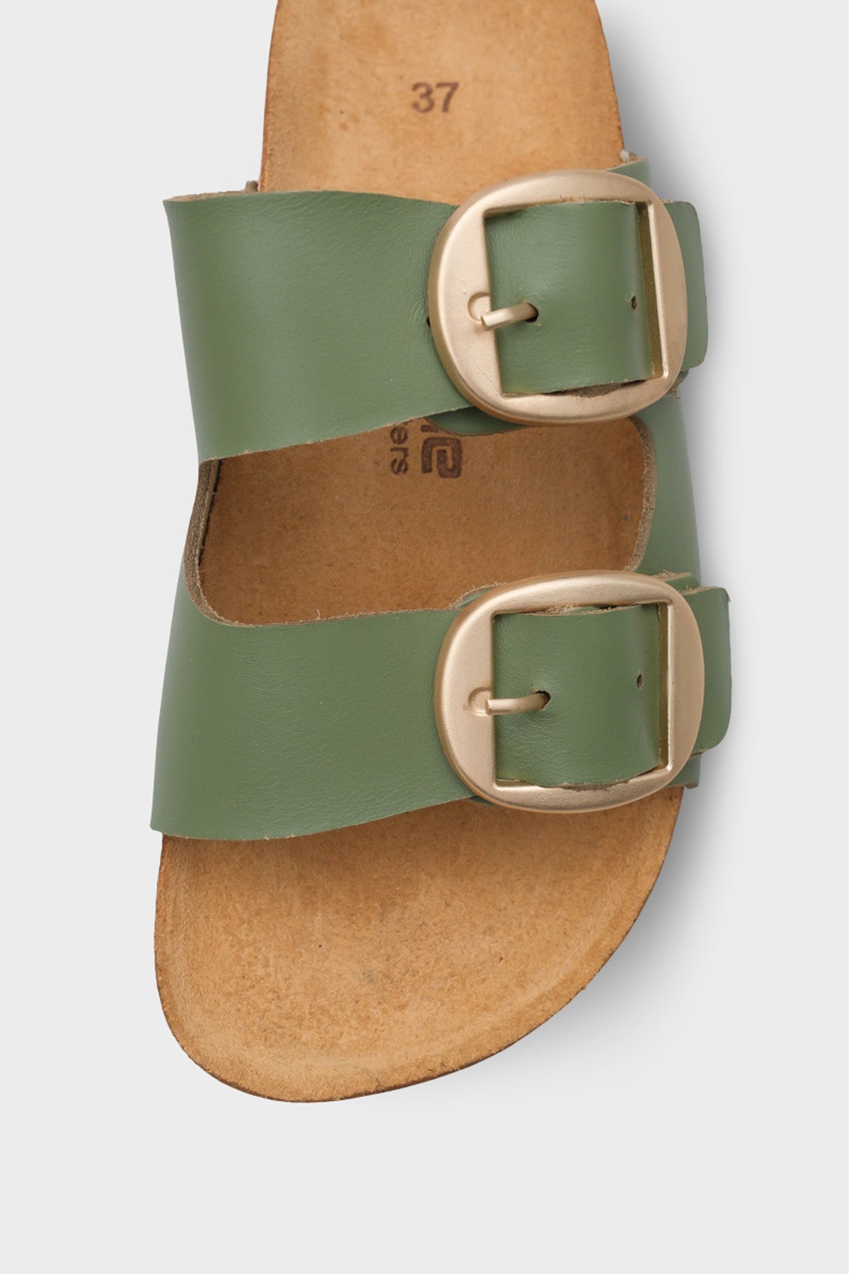 Cathie İki Büyük Tokalı Anatomik Mantar Tabanlı Deri Terlik