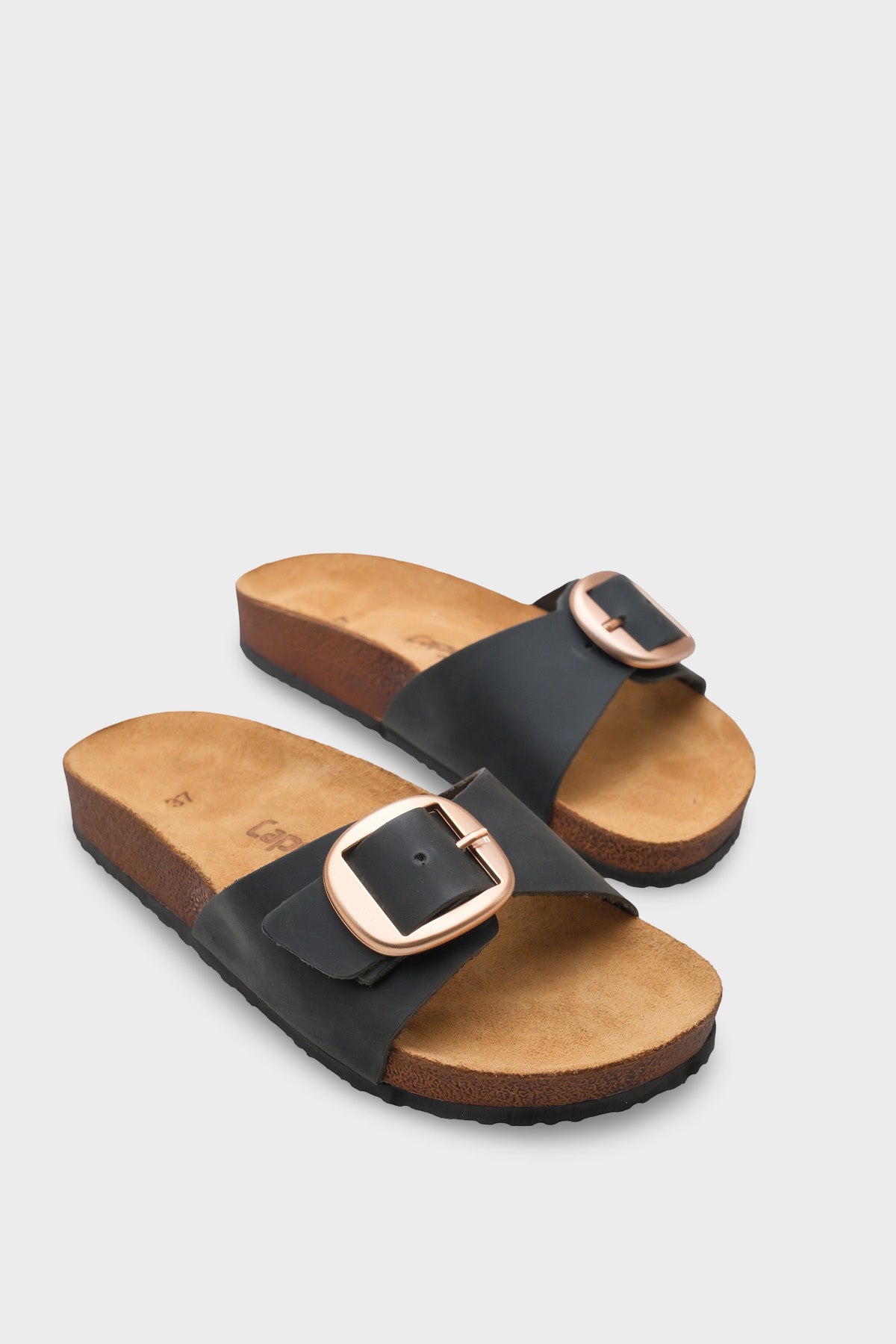 Lee Büyük Tokalı Anatomik Mantar Tabanlı Deri Terlik