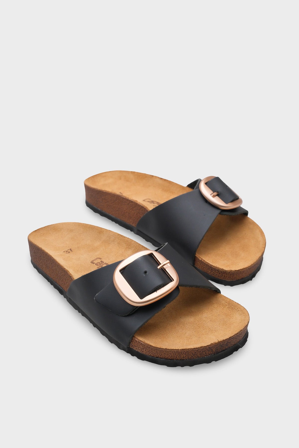 Lee Büyük Tokalı Anatomik Mantar Tabanlı Deri Terlik