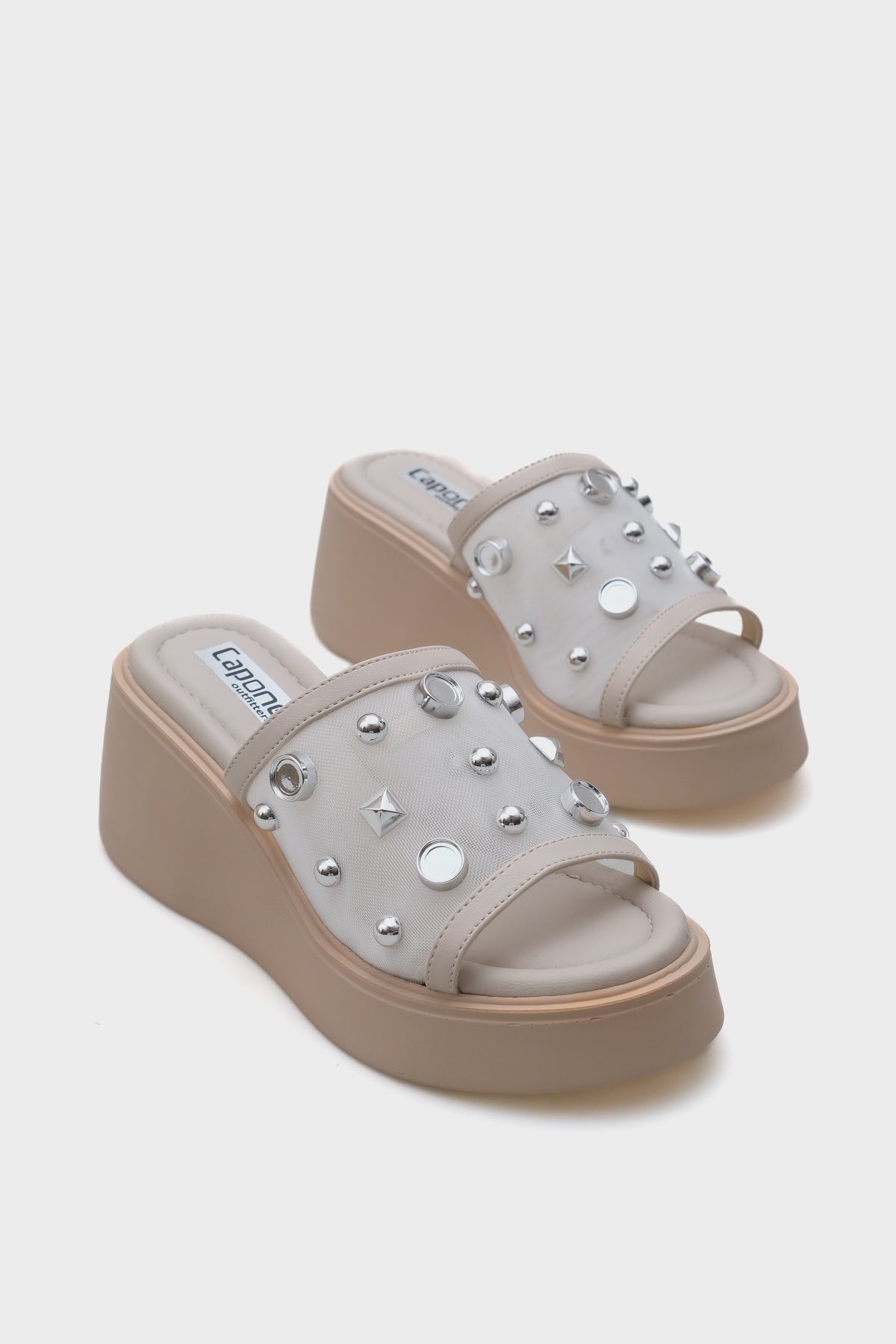 Charlot Dolgu Topuklu Hakiki Deri Taşlı Fileli Konfor Kadın Terlik