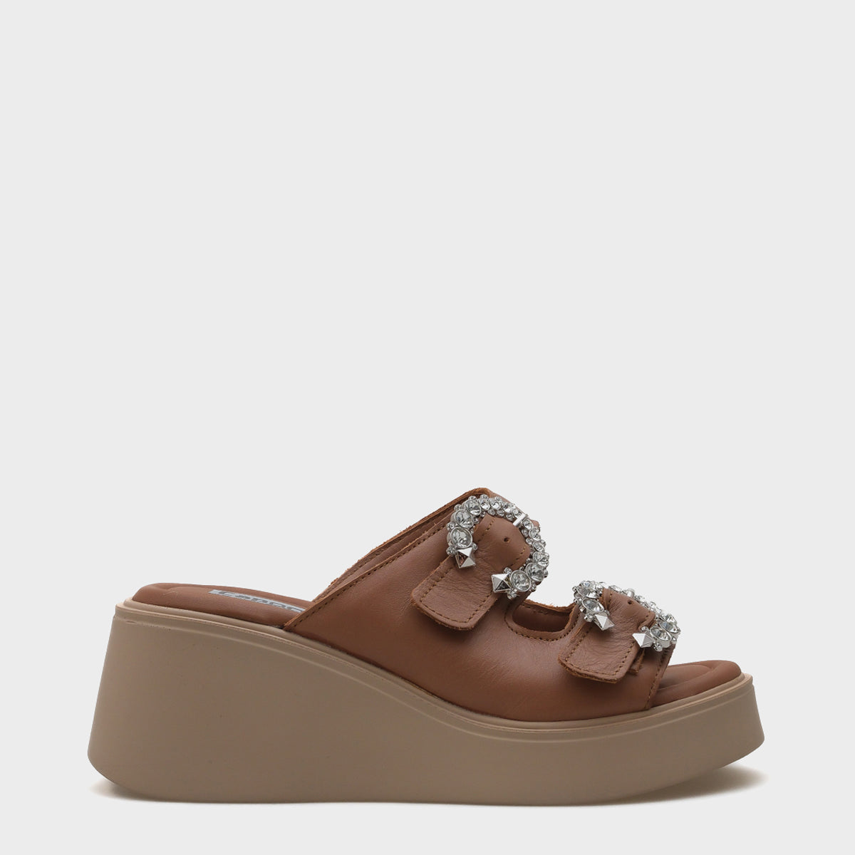 Charm Hakiki Deri Dolgu Topuklu Taşlı Çift Bantlı Konfor Kadın Terlik