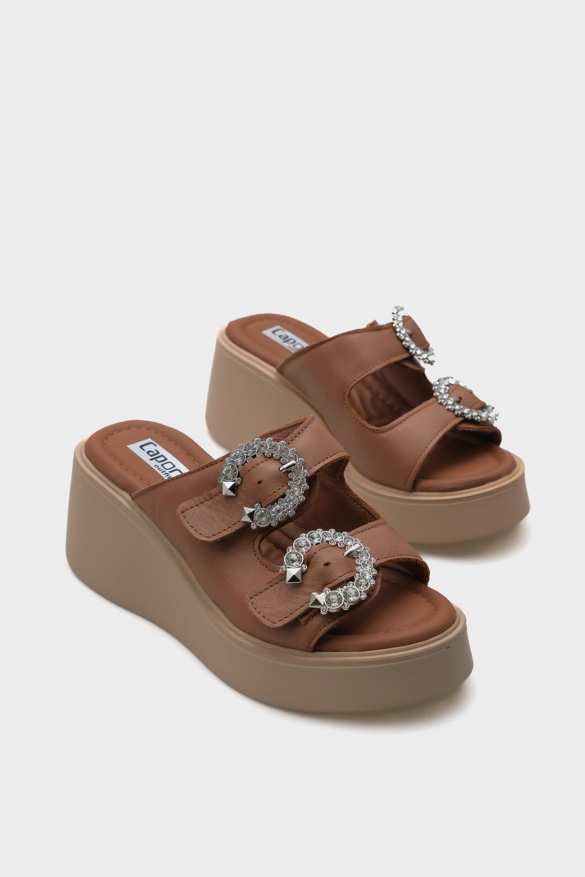 Charm Hakiki Deri Dolgu Topuklu Taşlı Çift Bantlı Konfor Kadın Terlik