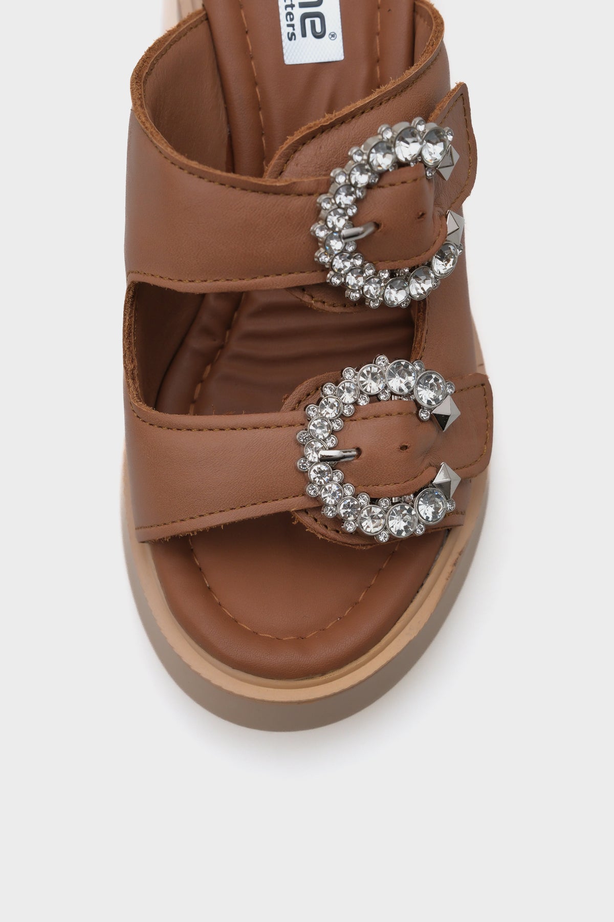 Charm Hakiki Deri Dolgu Topuklu Taşlı Çift Bantlı Konfor Kadın Terlik