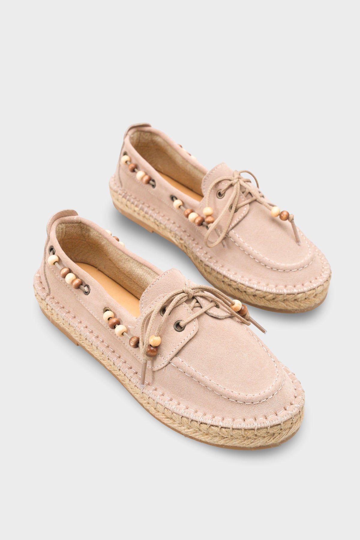 Kriste Hakiki Deri Süet Espadril Tabanlı Boncuklu Kadın Loafer Ayakkabı