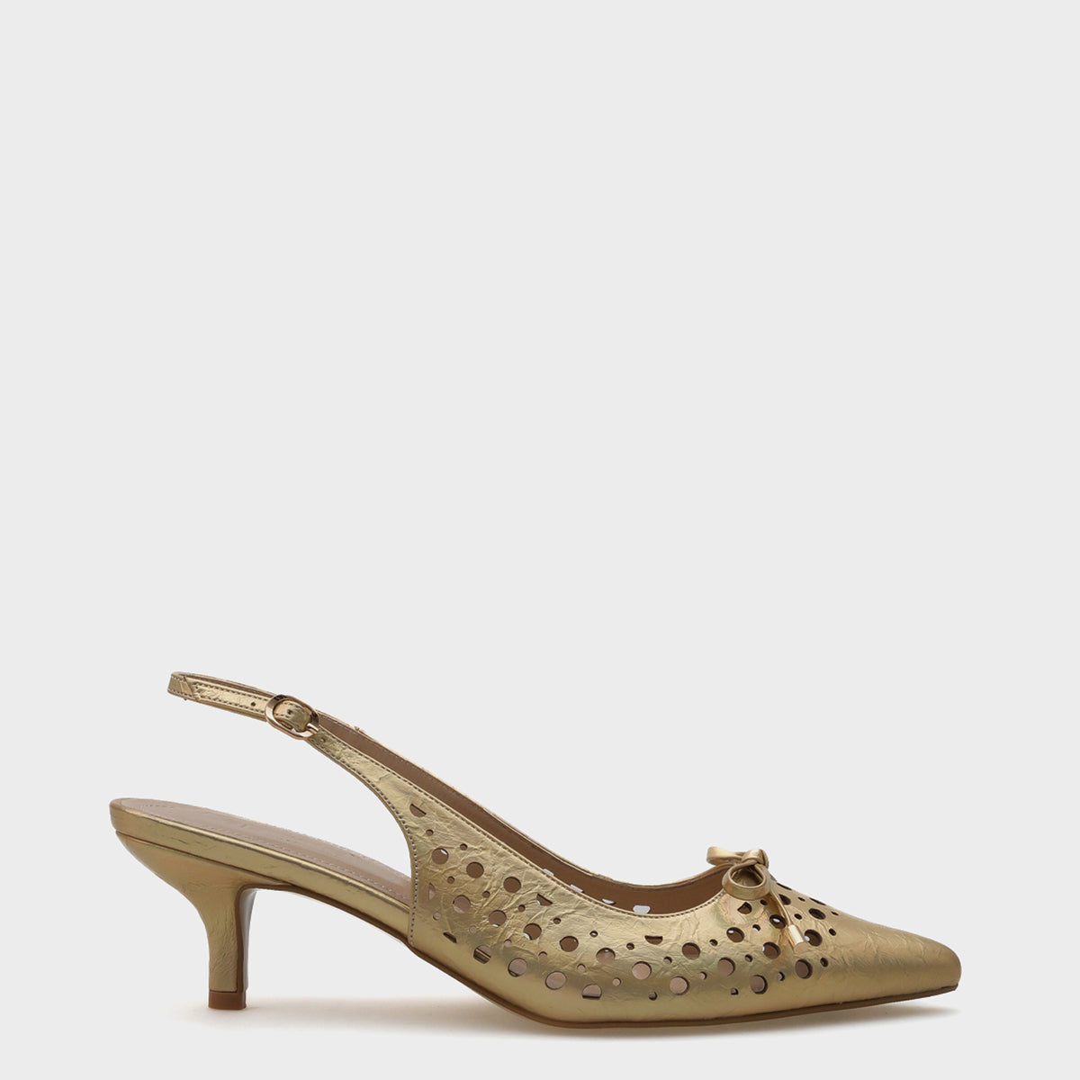 Petunia Orta Topuklu Zımbalı Sivri Burunlu Arkası Açık Metalik Kadın Ayakkabı