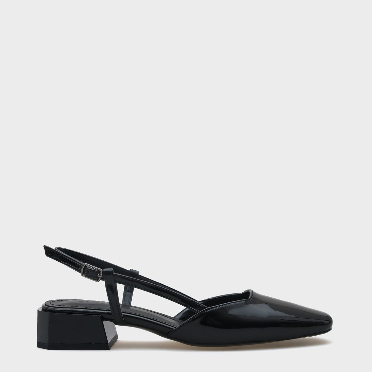 Rana Arkası Açık Küt Burunlu Kalın Topuklu  Rugan Kadın Ayakkabı