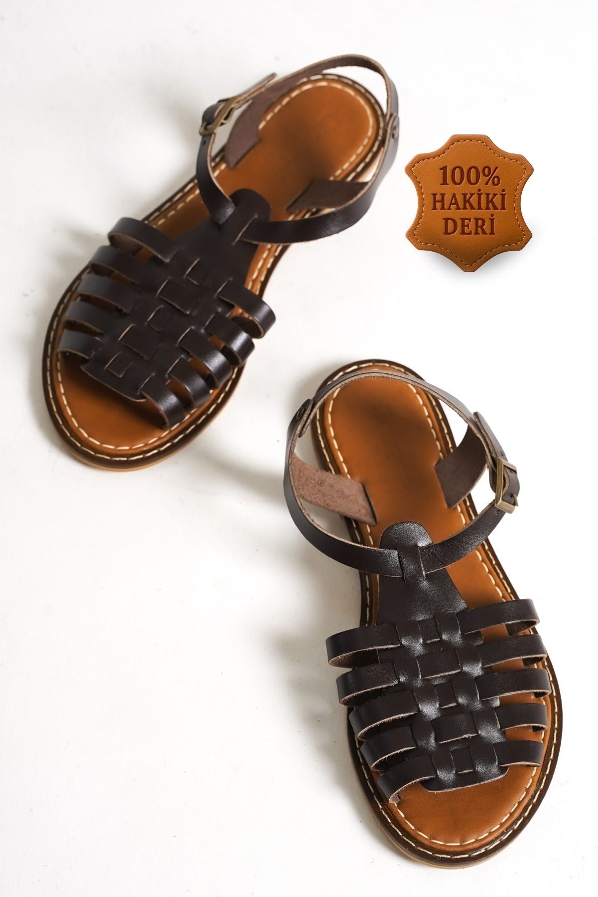 Daphne Yuvarlak Burunlu Gladyatör Bantlı Kadın Deri Sandalet