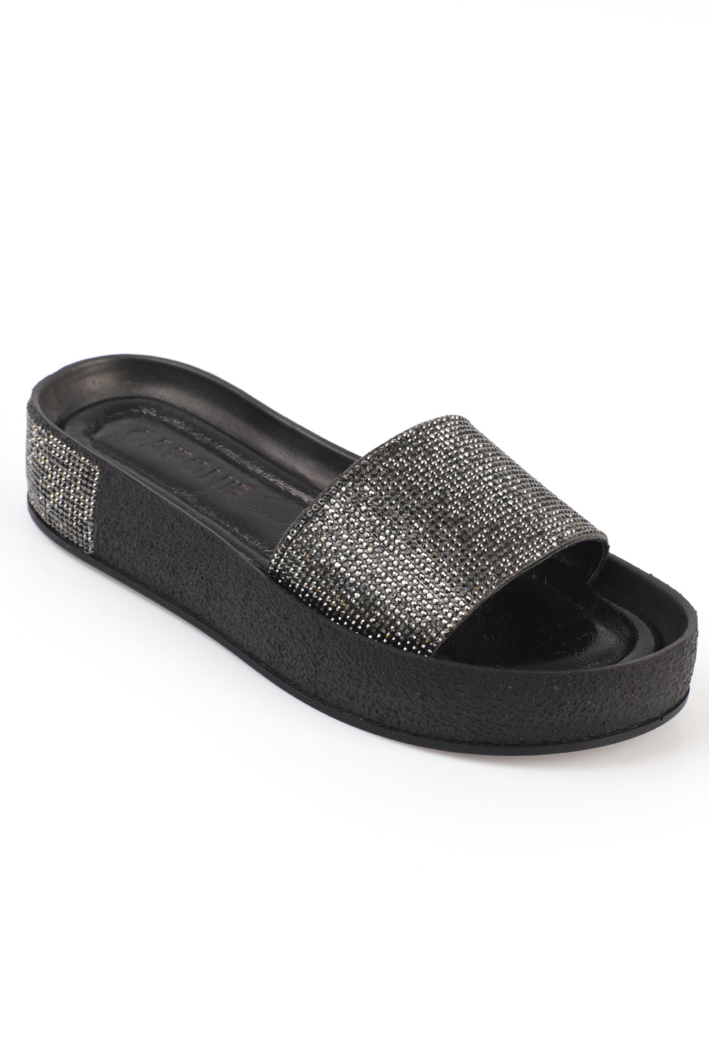 Tek Geniş Bantlı Taşlı Detaylı Dolgu Topuk Metalik Kadın Terlik