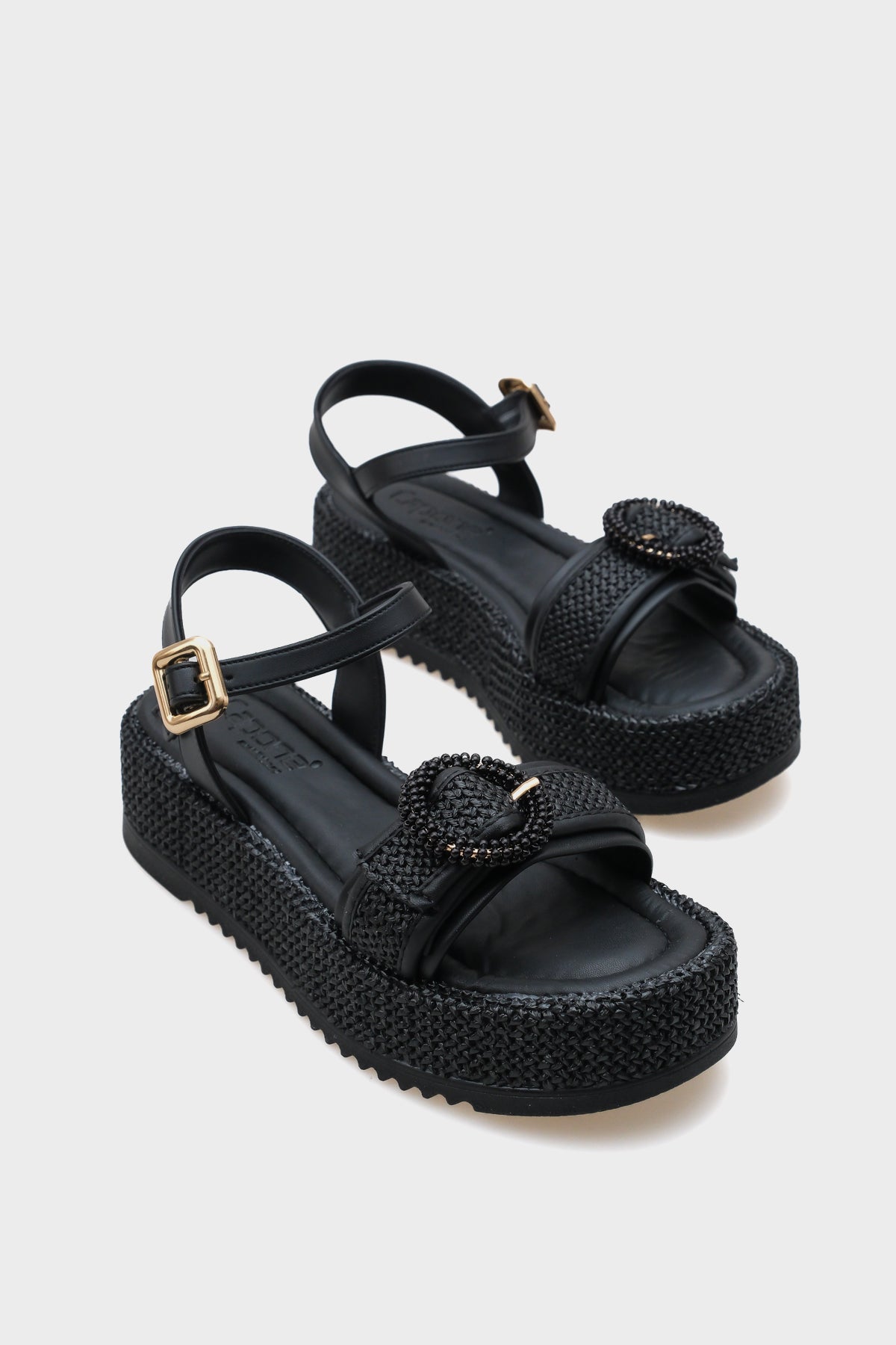 Vanda Ahşap Tek Tokalı Leoparlı Hasırlı Dolgu Topuklu Kadın Sandalet