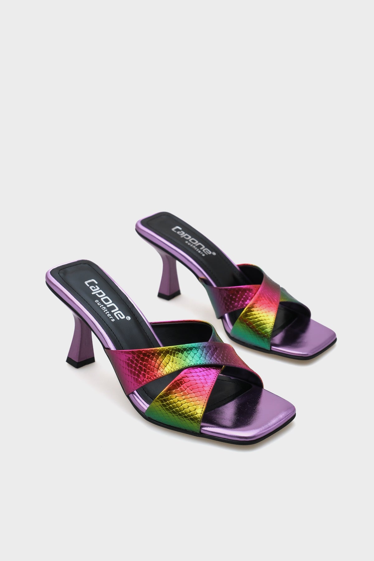 Mavis Küt Burunlu Yılan Desenli Çapraz Bantlı Orta Topuklu Metalik Kadın Terlik