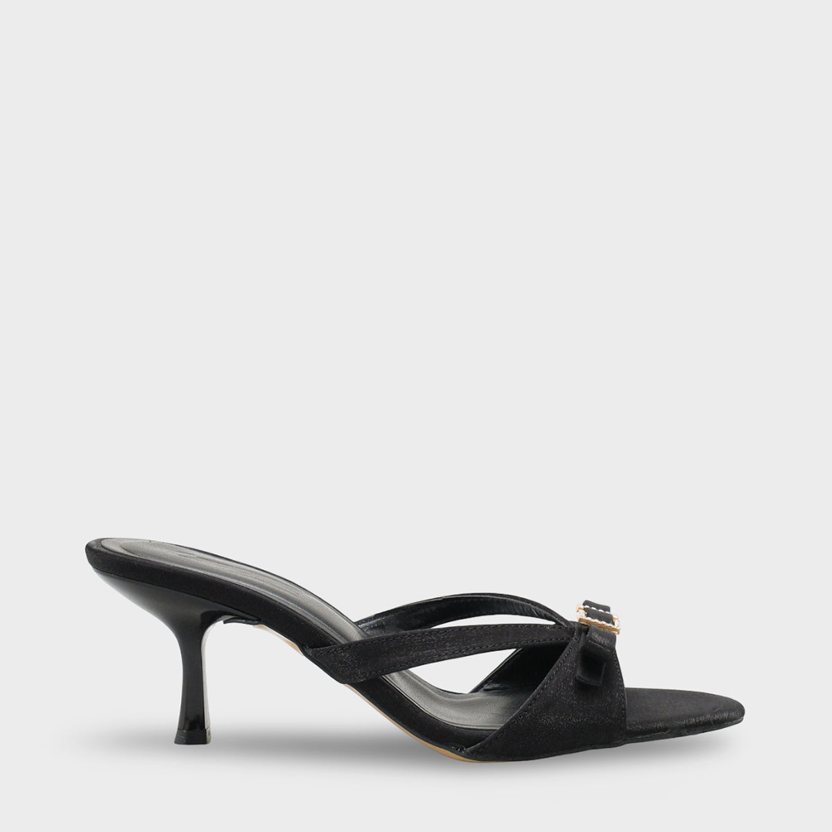 Vivia Sivri Burunlu Taşlı Tokalı Saten Orta Topuklu Şık Kadın Terlik